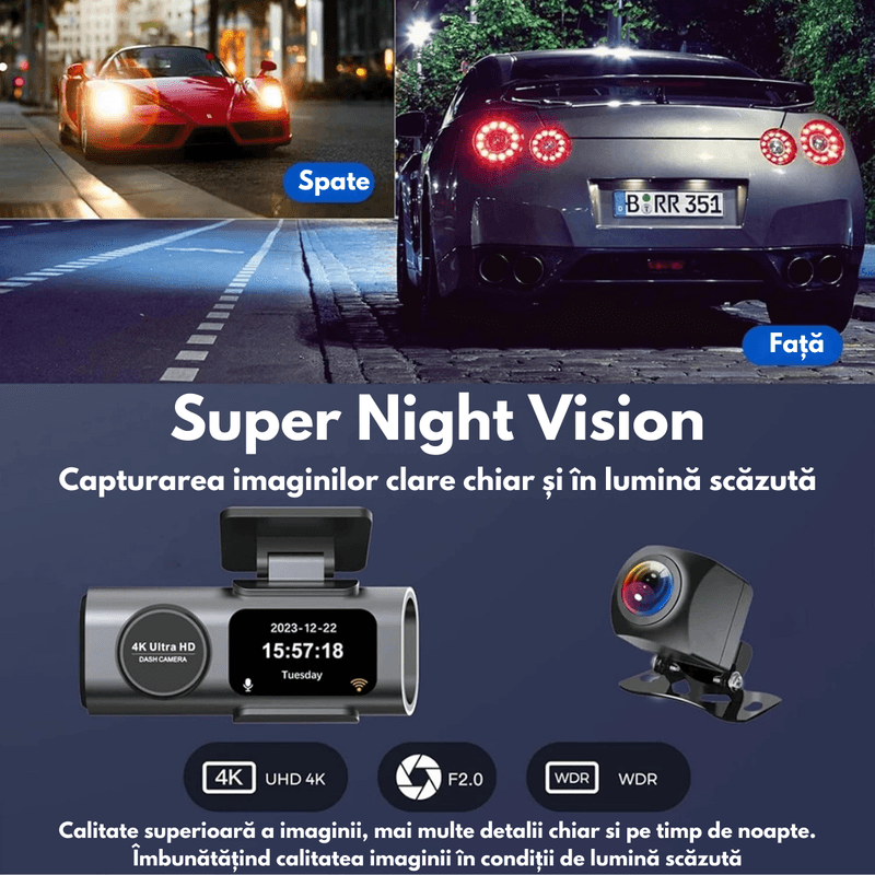 Auto si Moto - Electronice auto - Camere auto si DVR - Camera Auto Dubla de bord 4k – 2160p Full HD, WIFI+GPS, G-Senzor, Aplicatie pe Telefon, Night Vision, Inregistrare bucla - Infinity.ro