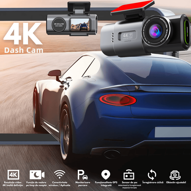 Auto si Moto - Electronice auto - Camere auto si DVR - Camera Auto Dubla de bord 4k – 2160p Full HD, WIFI+GPS, G-Senzor, Aplicatie pe Telefon, Night Vision, Inregistrare bucla - Infinity.ro