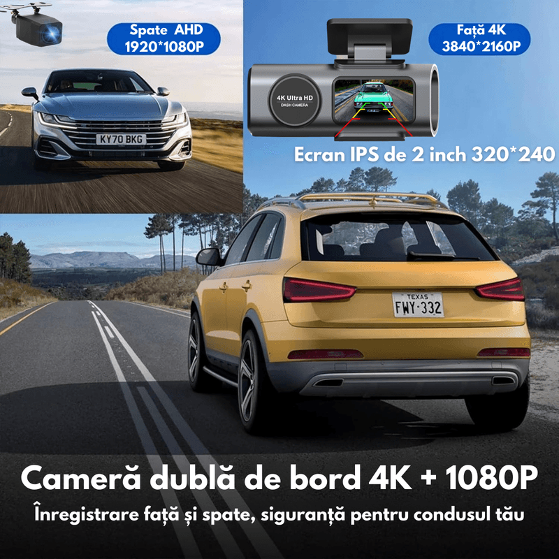 Auto si Moto - Electronice auto - Camere auto si DVR - Camera Auto Dubla de bord 4k – 2160p Full HD, WIFI+GPS, G-Senzor, Aplicatie pe Telefon, Night Vision, Inregistrare bucla - Infinity.ro