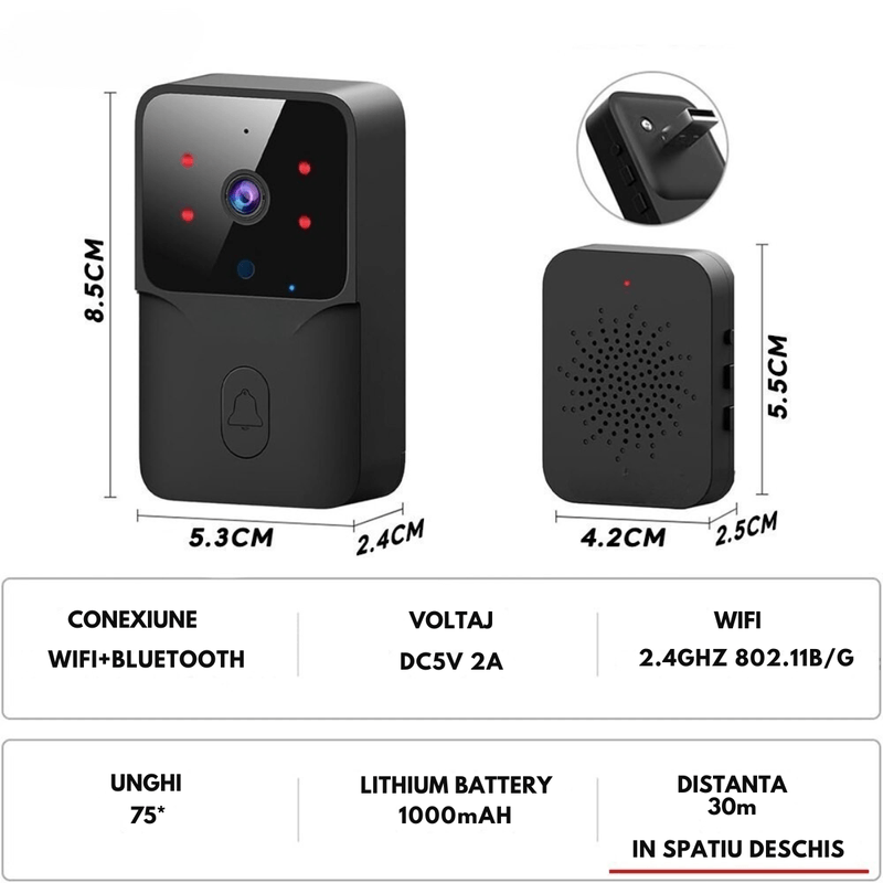 Casa si Gradina - Electrice - Accesorii electrice - Sonerii electrice - Sonerie Wireless cu Video, Interfon Smart fara fir VisionHub®, Camera Video 1080P HD cu Vedere nocturna, Impermeabila - Infinity.ro