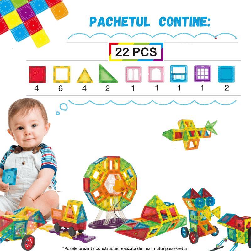 Jucarii, Copii si Bebe - Jucarii si jocuri - Seturi de constructie si cuburi - Seturi de constructie - Set de Constructie, Magnetic Tiles 3D, 22 Piese colorate, Jucarie Creativa si Educationala STEM VisionHub® - Infinity.ro