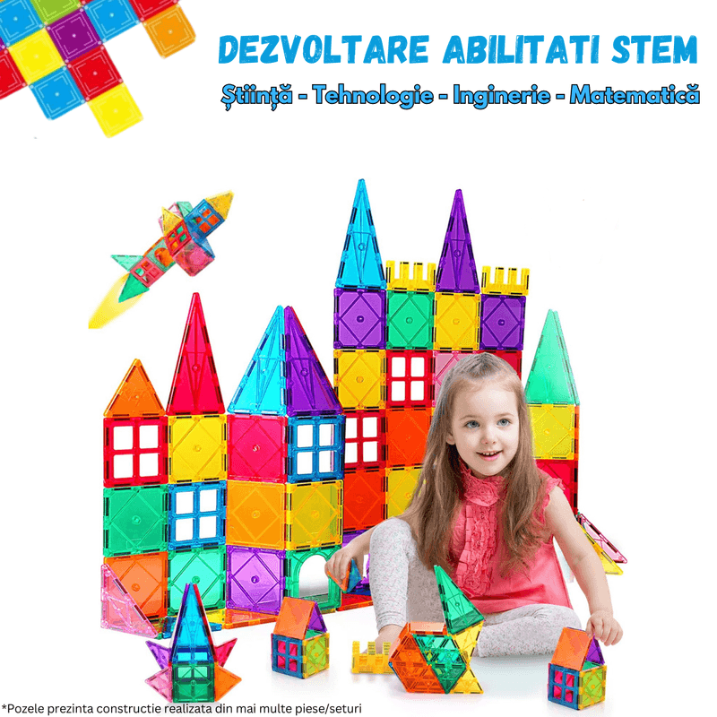Jucarii, Copii si Bebe - Jucarii si jocuri - Seturi de constructie si cuburi - Seturi de constructie - Set de Constructie, Magnetic Tiles 3D, 22 Piese colorate, Jucarie Creativa si Educationala STEM VisionHub® - Infinity.ro