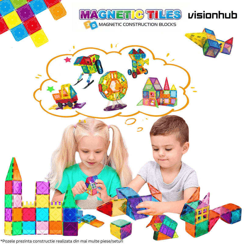 Jucarii, Copii si Bebe - Jucarii si jocuri - Seturi de constructie si cuburi - Seturi de constructie - Set de Constructie, Magnetic Tiles 3D, 48 Piese colorate, Jucarie Creativa si Educationala STEM VisionHub® - Infinity.ro