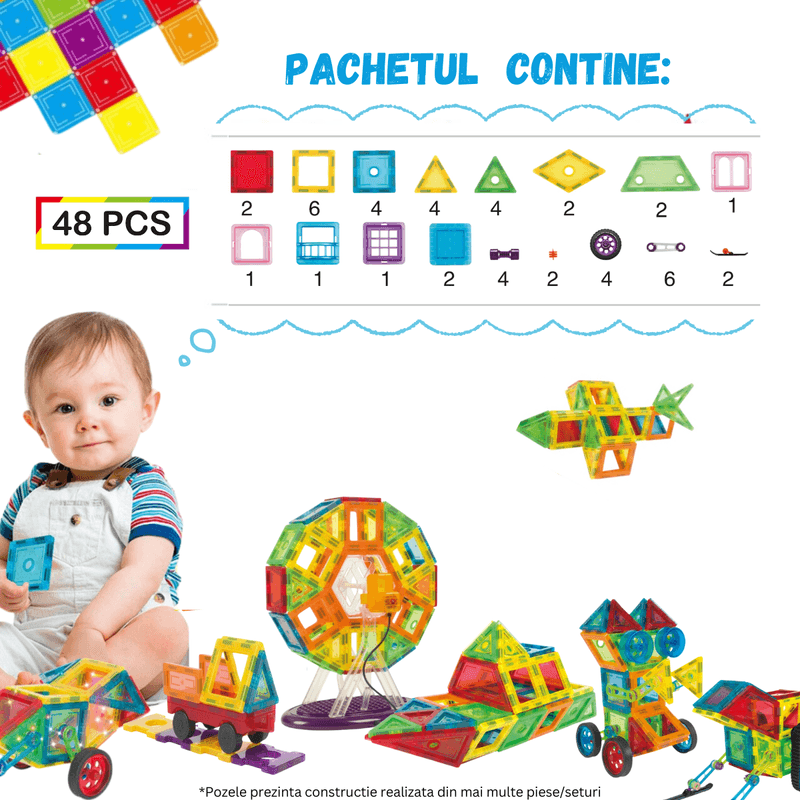 Jucarii, Copii si Bebe - Jucarii si jocuri - Seturi de constructie si cuburi - Seturi de constructie - Set de Constructie, Magnetic Tiles 3D, 48 Piese colorate, Jucarie Creativa si Educationala STEM VisionHub® - Infinity.ro
