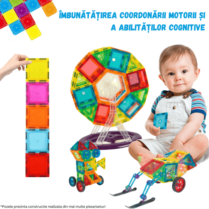 Jucarii, Copii si Bebe - Jucarii si jocuri - Seturi de constructie si cuburi - Seturi de constructie - Set de Constructie, Magnetic Tiles 3D, 48 Piese colorate, Jucarie Creativa si Educationala STEM VisionHub® - Infinity.ro