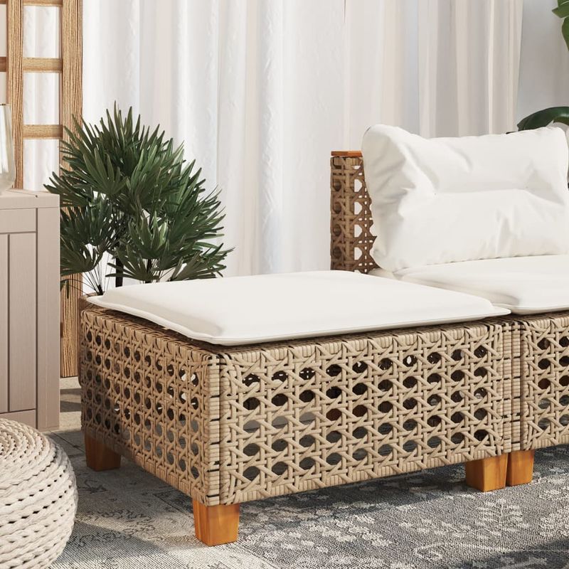 Casa si Gradina - Gradina si terasa - Mobilier exterior - Scaune si sezlonguri gradina - Taburet de gradina cu pernă, bej, 63,5x56x32 cm, poliratan, model țesătură cu găuri - Infinity.ro