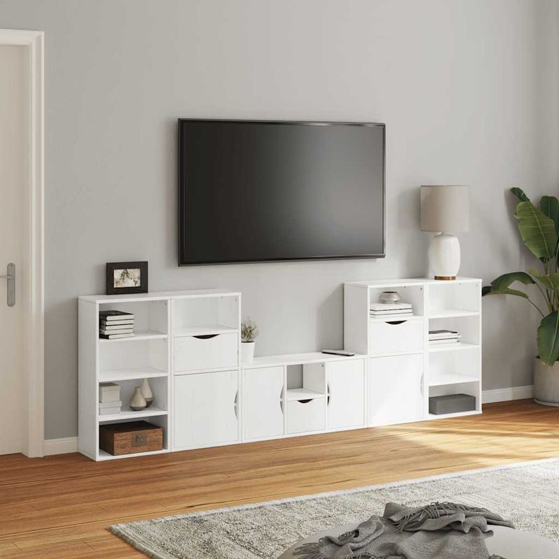 Casa si Gradina - Mobilier - Comode si corpuri - Comode - Unitati TV 5 piese cu depozitare ODDA din lemn masiv de pin alb, model 5 rafturi 5 sertare - Infinity.ro