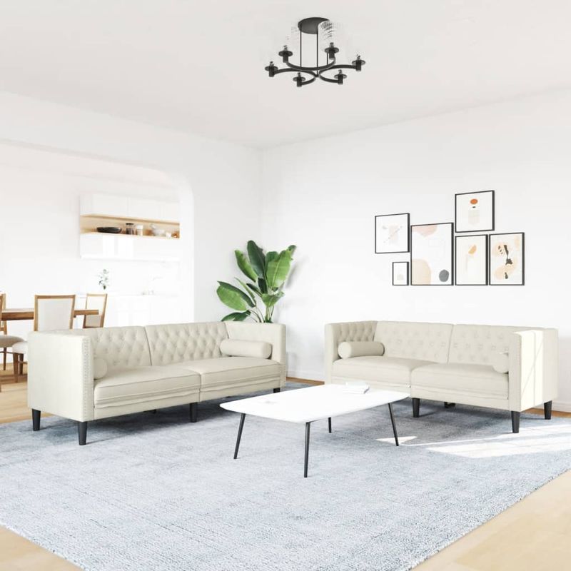 Casa si Gradina - Mobilier - Seturi de mobilier - Seturi living - Set canapele Chesterfield cu perne rulou 2 piese, crem, catifea - Infinity.ro