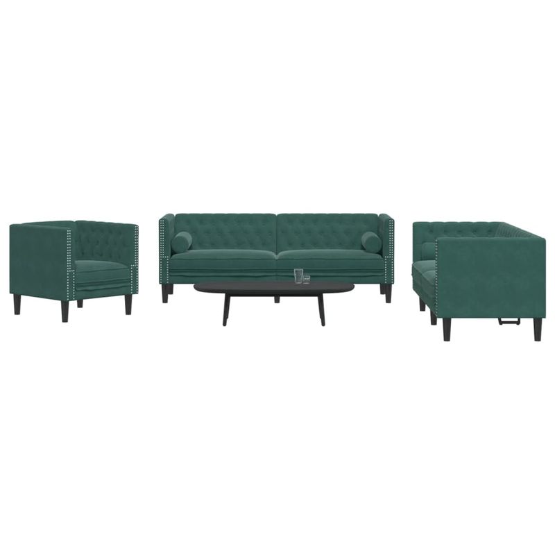 Casa si Gradina - Mobilier - Seturi de mobilier - Seturi living - Set canapele Chesterfield cu perne rulou 3 piese verde catifea - Infinity.ro