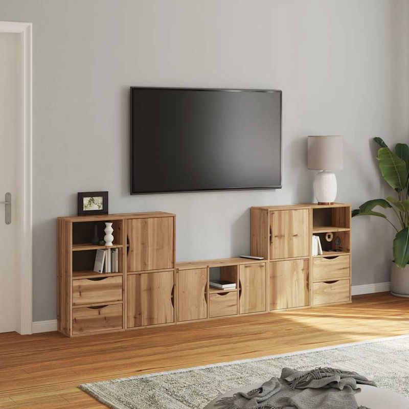 Casa si Gradina - Mobilier - Comode si corpuri - Comode - Unitati TV 5 piese cu depozitare „ODDA” din lemn masiv de pin, model 5 rafturi 5 sertare - Infinity.ro