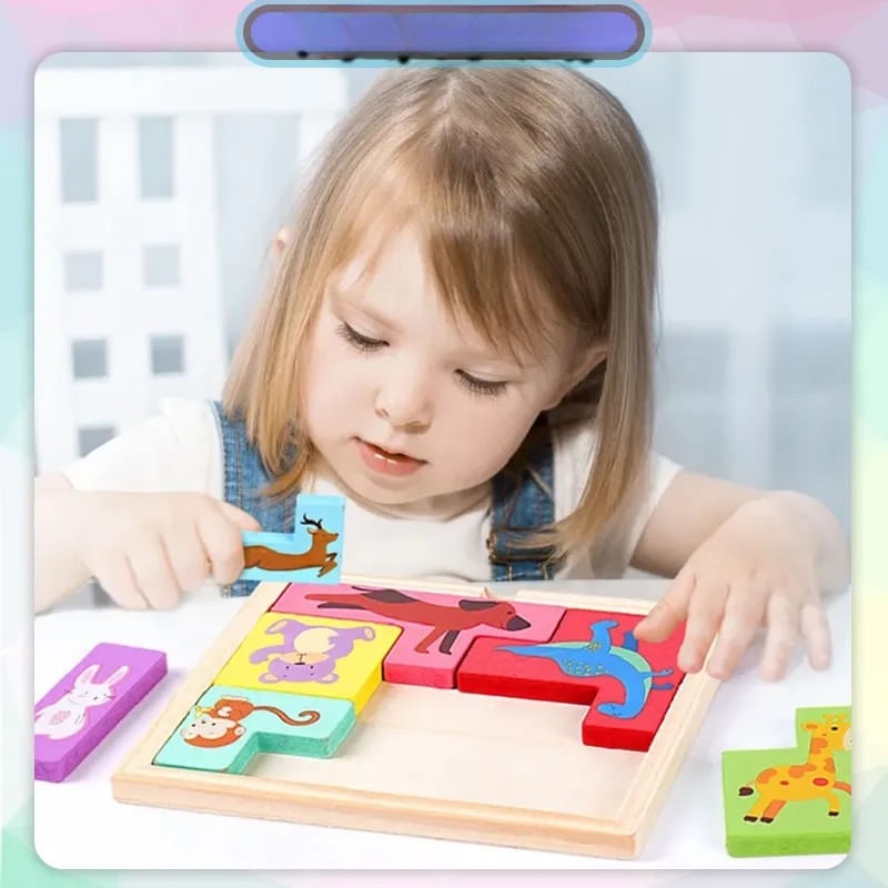 Jucarii, Copii si Bebe - Jucarii si jocuri - Jocuri si puzzle - Puzzle - Puzzle din Lemn Flippy, Tip Tetris, +4 Ani, cu Animale Colorate 3D, 7 Piese, Multicolor - Infinity.ro