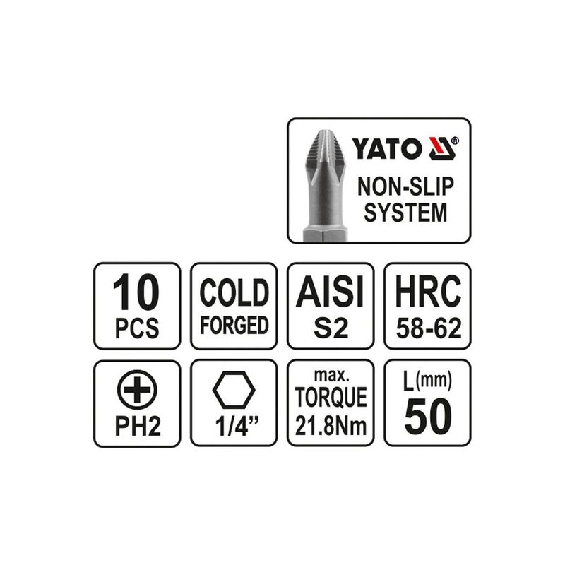 Casa si Gradina - Constructii - Scule electrice si accesorii - Seturi si accesorii pentru gaurit si insurubat - Trusa bit 10 buc PH2x50 Yato YT-0478 - Infinity.ro