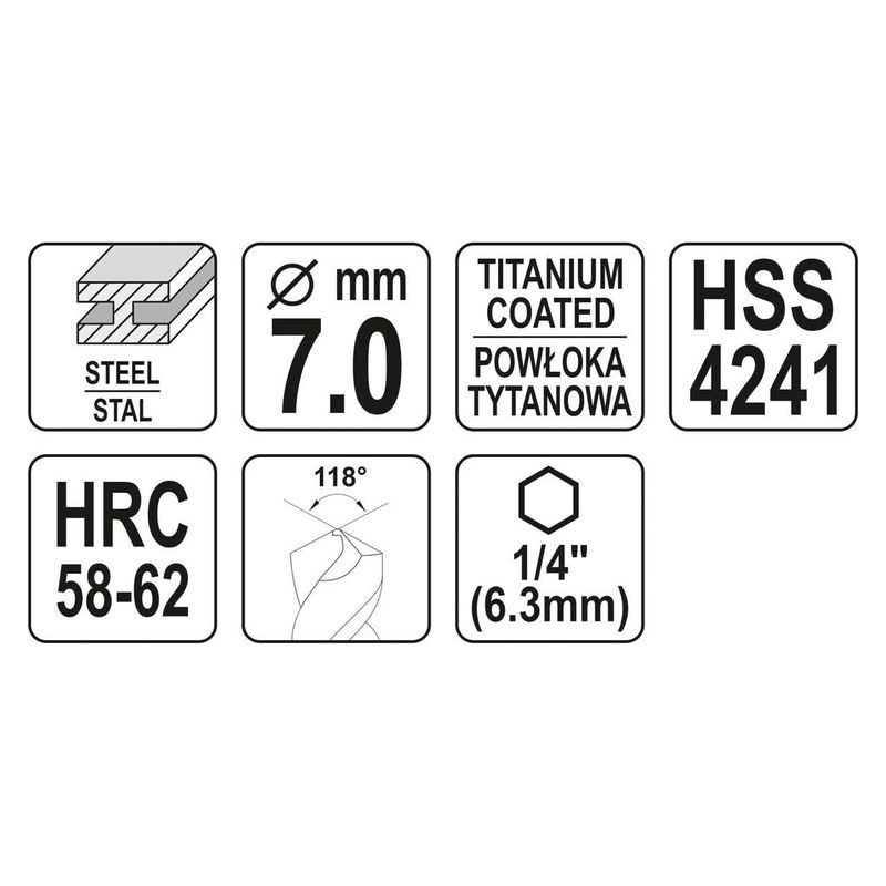 Casa si Gradina - Constructii - Scule electrice si accesorii - Seturi si accesorii pentru gaurit si insurubat - Burghiu metal 7,0mm hss-tin hex Yato YT-44825 - Infinity.ro