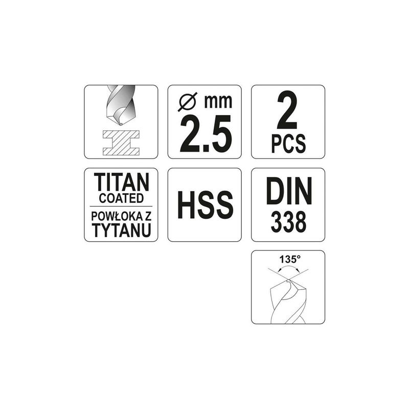 Casa si Gradina - Constructii - Scule electrice si accesorii - Seturi si accesorii pentru gaurit si insurubat - Burghiu metal, HSS-TiN 2,5 mm - 2 BUC, Yato YT-44633 - Infinity.ro