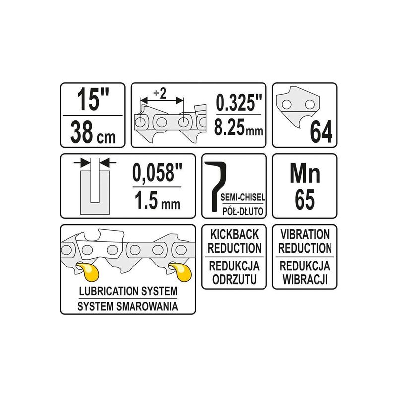 Casa si Gradina - Constructii - Scule electrice si accesorii - Accesorii fierastraie electrice - Lant pentru drujba, 64 dinti 0.325" 1.5 mm 15" Yato YT-84941 - Infinity.ro