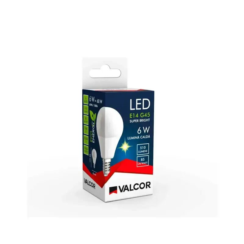 Casa si Gradina - Corpuri si surse de iluminat - Becuri si tuburi neon - Becuri - Bec LED sferic G45 E14 6W lumina calda LC 3000K Valcor VLC11005 - Infinity.ro