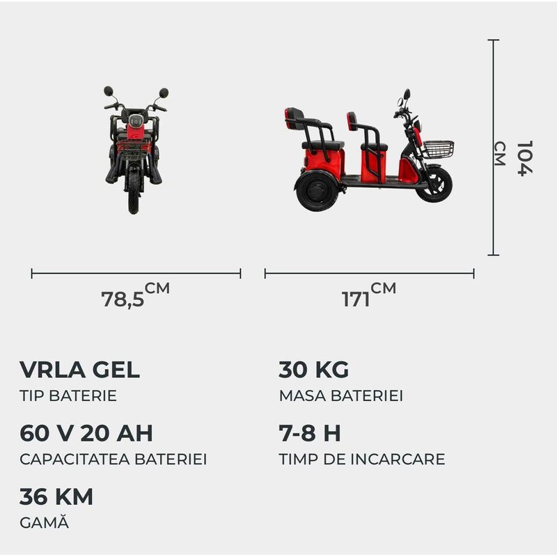 Auto si Moto - Moto - ATV si UTV - Tricicleta electrica Volta APM5, Motor 1000W 60V, Baterie 20Ah cu Autonomie 40km, gri, 25 km/h, fara permis (carnet) - Infinity.ro
