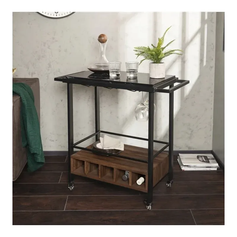 Casa si Gradina - Bucatarie si vesela - Ustensile bucatarie - Cosuri servire - Carucior de servire pe roti, cu suport pentru sticle si pahare de vin, Gonga® Negru/Maro - Infinity.ro