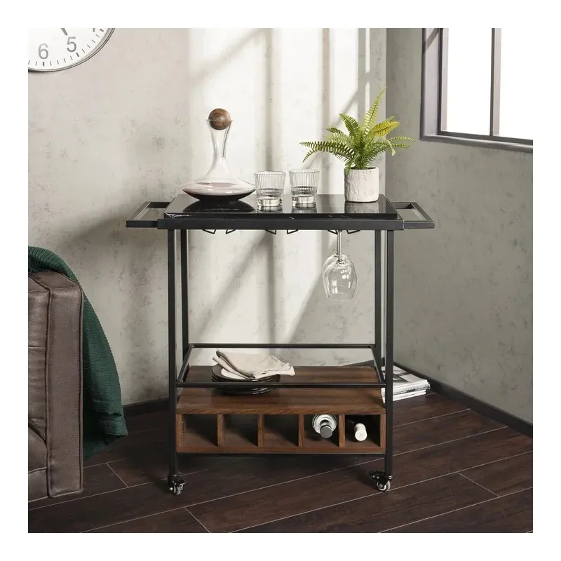 Casa si Gradina - Bucatarie si vesela - Ustensile bucatarie - Cosuri servire - Carucior de servire pe roti, cu suport pentru sticle si pahare de vin, Gonga® Negru/Maro - Infinity.ro