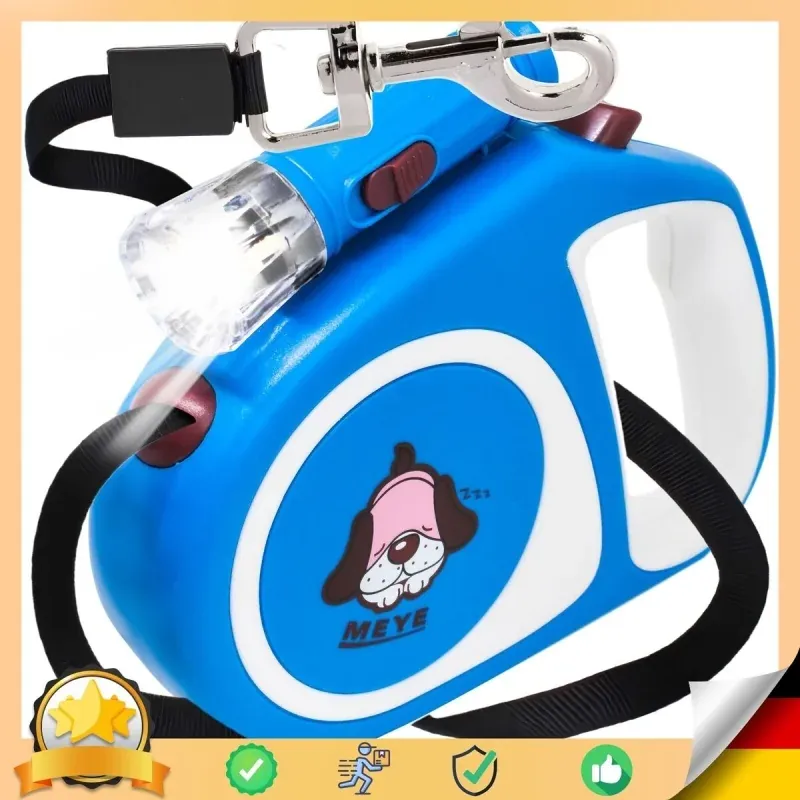 Petshop - Accesorii petshop - Zgarzi, lese si hamuri - Lese - Lesa automata cu functie de blocare, lanterna led, lungime 5m, maxim 15kg, Gonga® Albastru - Infinity.ro