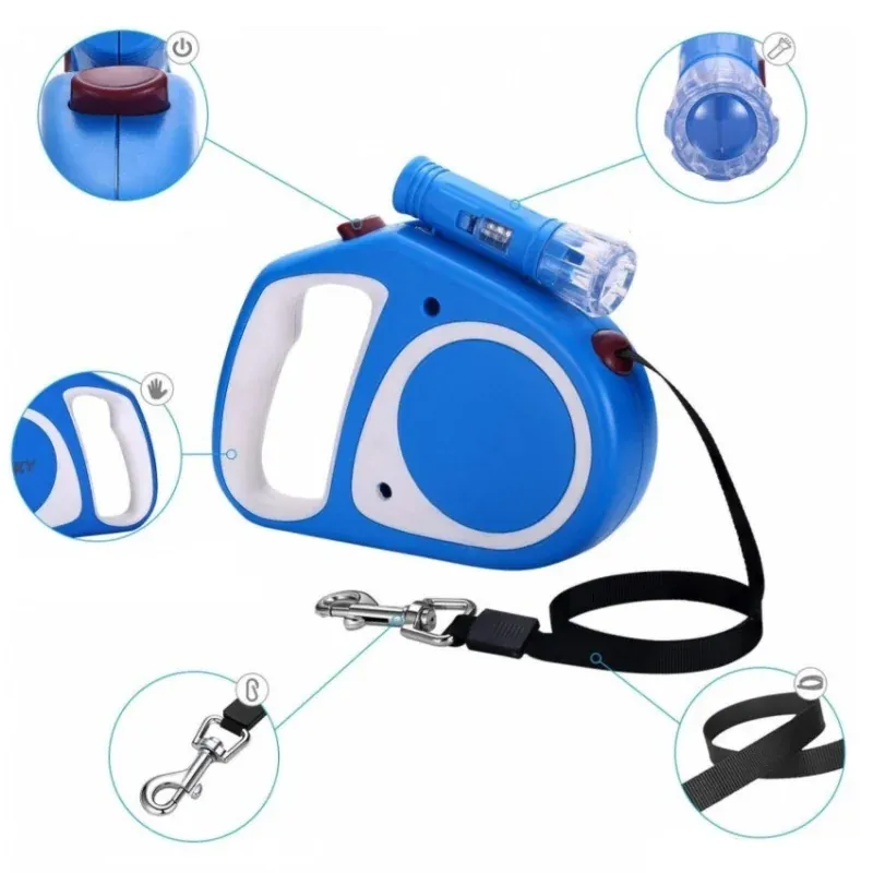 Petshop - Accesorii petshop - Zgarzi, lese si hamuri - Lese - Lesa automata cu functie de blocare, lanterna led, lungime 5m, maxim 15kg, Gonga® Albastru - Infinity.ro