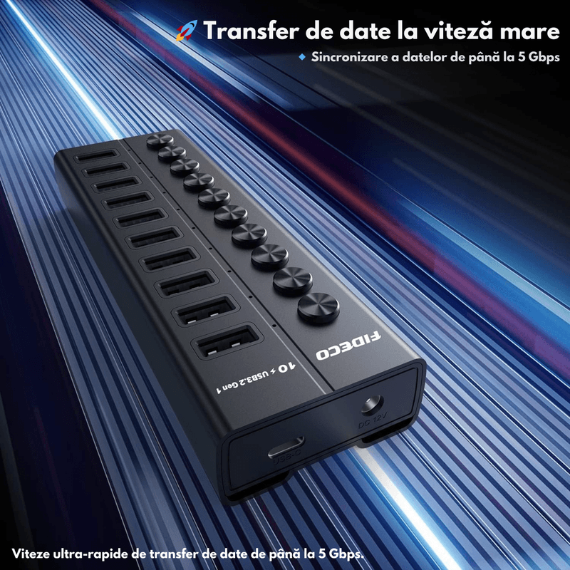 PC, gaming si accesorii - Retelistica - Hub-uri - Hub USB 3.2 Gen 1 FIDECO cu 10 Porturi, Viteza 5Gbps, Alimentare 12V/4A, din Aluminiu, Incarcare Rapida BC1.2 - Infinity.ro