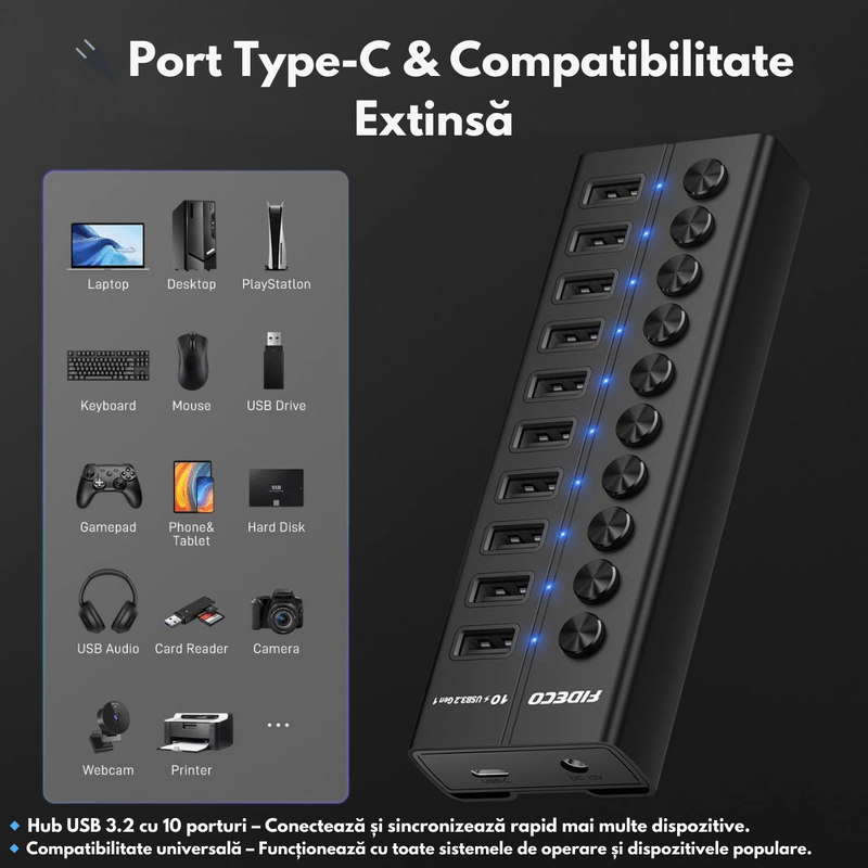 PC, gaming si accesorii - Retelistica - Hub-uri - Hub USB 3.2 Gen 1 FIDECO cu 10 Porturi, Viteza 5Gbps, Alimentare 12V/4A, din Aluminiu, Incarcare Rapida BC1.2 - Infinity.ro