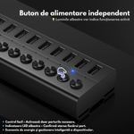 PC, gaming si accesorii - Retelistica - Hub-uri - Hub USB 3.2 Gen 1 FIDECO cu 10 Porturi, Viteza 5Gbps, Alimentare 12V/4A, din Aluminiu, Incarcare Rapida BC1.2 - Infinity.ro