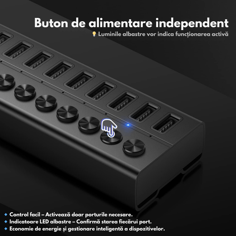 PC, gaming si accesorii - Retelistica - Hub-uri - Hub USB 3.2 Gen 1 FIDECO cu 10 Porturi, Viteza 5Gbps, Alimentare 12V/4A, din Aluminiu, Incarcare Rapida BC1.2 - Infinity.ro