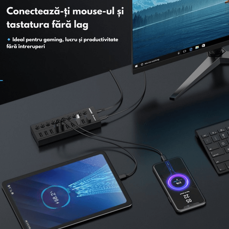 PC, gaming si accesorii - Retelistica - Hub-uri - Hub USB 3.2 Gen 1 FIDECO cu 10 Porturi, Viteza 5Gbps, Alimentare 12V/4A, din Aluminiu, Incarcare Rapida BC1.2 - Infinity.ro