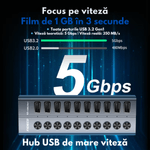 PC, gaming si accesorii - Retelistica - Hub-uri - Hub USB 3.2 Gen 1 FIDECO cu 10 Porturi, Viteza 5Gbps, Alimentare 12V/4A, din Aluminiu, Incarcare Rapida BC1.2 - Infinity.ro