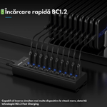 PC, gaming si accesorii - Retelistica - Hub-uri - Hub USB 3.2 Gen 1 FIDECO cu 10 Porturi, Viteza 5Gbps, Alimentare 12V/4A, din Aluminiu, Incarcare Rapida BC1.2 - Infinity.ro