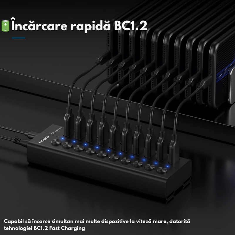 PC, gaming si accesorii - Retelistica - Hub-uri - Hub USB 3.2 Gen 1 FIDECO cu 10 Porturi, Viteza 5Gbps, Alimentare 12V/4A, din Aluminiu, Incarcare Rapida BC1.2 - Infinity.ro