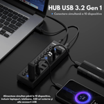 PC, gaming si accesorii - Retelistica - Hub-uri - Hub USB 3.2 Gen 1 FIDECO cu 10 Porturi, Viteza 5Gbps, Alimentare 12V/4A, din Aluminiu, Incarcare Rapida BC1.2 - Infinity.ro