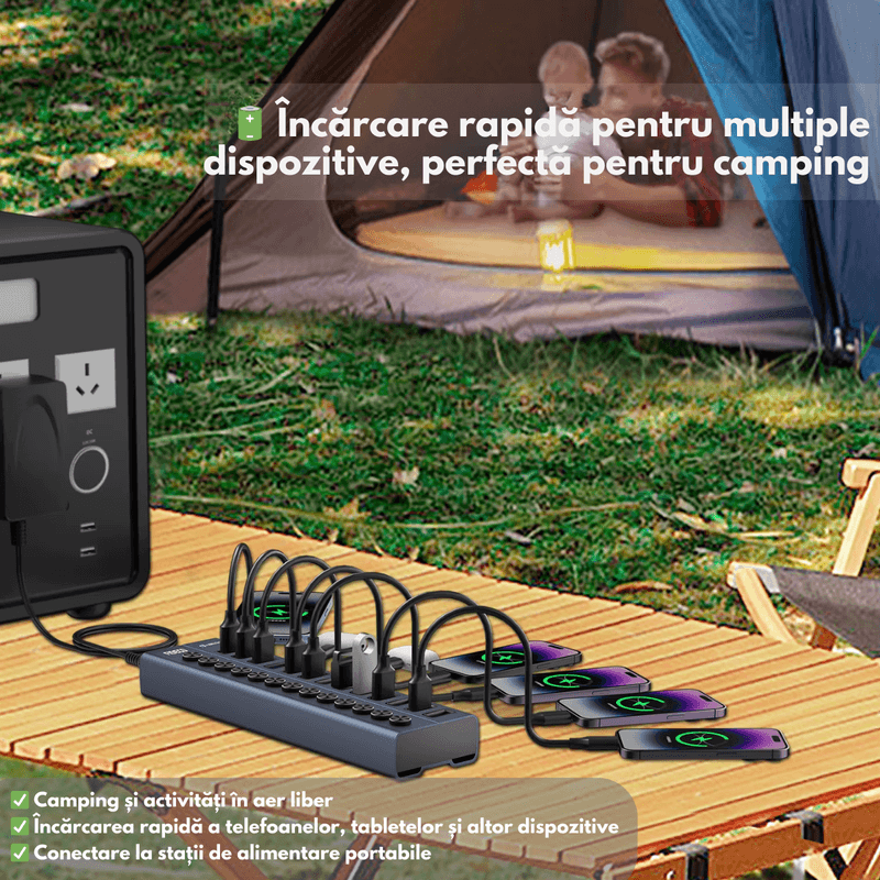 PC, gaming si accesorii - Retelistica - Hub-uri - Hub USB 3.2 Gen 1 FIDECO cu 10 Porturi, Viteza 5Gbps, Alimentare 12V/4A, din Aluminiu, Incarcare Rapida BC1.2 - Infinity.ro