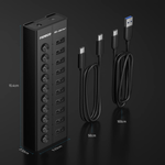 PC, gaming si accesorii - Retelistica - Hub-uri - Hub USB 3.2 Gen 1 FIDECO cu 10 Porturi, Viteza 5Gbps, Alimentare 12V/4A, din Aluminiu, Incarcare Rapida BC1.2 - Infinity.ro