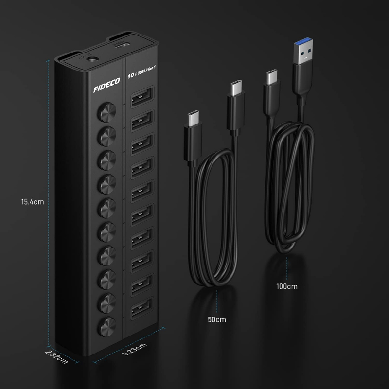 PC, gaming si accesorii - Retelistica - Hub-uri - Hub USB 3.2 Gen 1 FIDECO cu 10 Porturi, Viteza 5Gbps, Alimentare 12V/4A, din Aluminiu, Incarcare Rapida BC1.2 - Infinity.ro