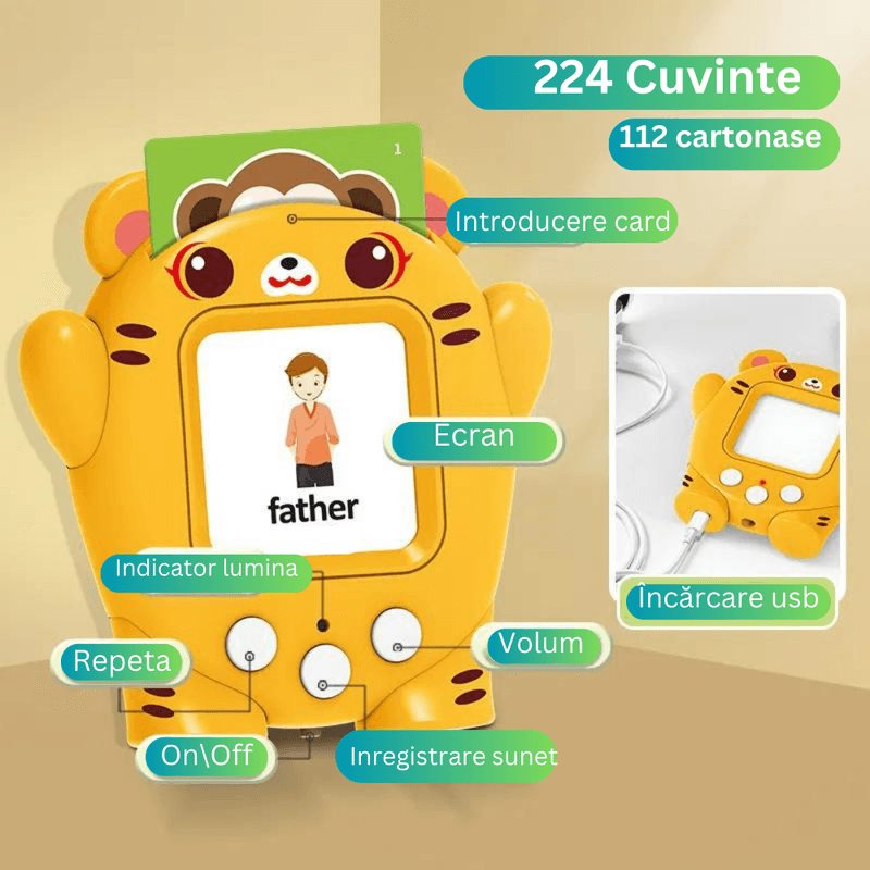 Jucarii, Copii si Bebe - Jucarii si jocuri - Jucarii bebelusi - Jucarii interactive bebelusi - Jucarie educativa Montessori, Set masina de invatare cu cititor de carduri, Danex, invata engleza, Ursulet cu 112 bucati carduri flash 224 de cuvinte, 2 ani+, Galben - Infinity.ro