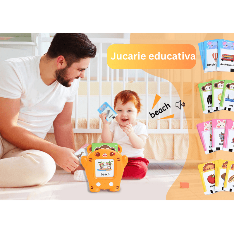 Jucarii, Copii si Bebe - Jucarii si jocuri - Jucarii bebelusi - Jucarii interactive bebelusi - Jucarie educativa Montessori, Set masina de invatare cu cititor de carduri, Danex, invata engleza, Ursulet cu 112 bucati carduri flash 224 de cuvinte, 2 ani+, Galben - Infinity.ro