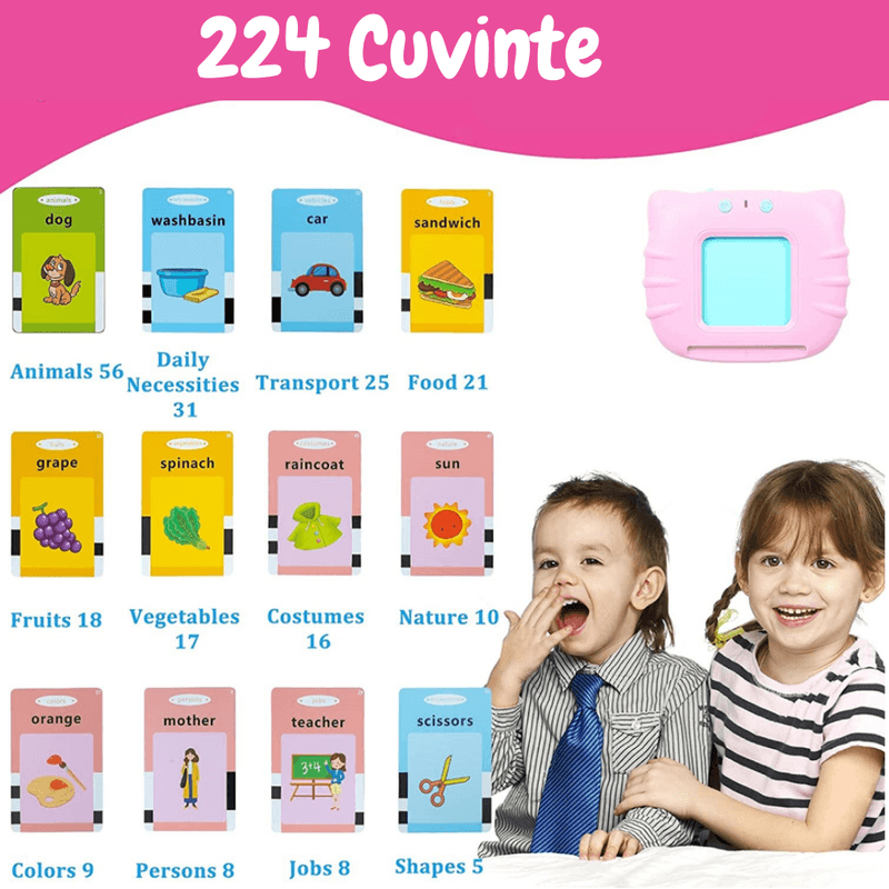 Jucarii, Copii si Bebe - Jucarii si jocuri - Jucarii bebelusi - Jucarii interactive bebelusi - Jucarie educativa Montessori, Set masina de invatare cu cititor de carduri, Danex, invata engleza, 112 bucati carduri flash 224 de cuvinte, 2 ani+, Roz - Infinity.ro
