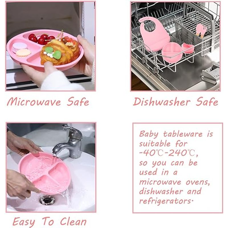 Jucarii, Copii si Bebe - Hrana si alaptare - Biberoane, suzete si accesorii hranire - Articole hranire bebelusi - Set hranire bebelusi si copii, Cafuneplus®, Pentru diversificare din silicon BPA free, Purpley, baveta, farfurie compartimentata, bol cu ventuza, tacamuri din silicon, Roz - Infinity.ro