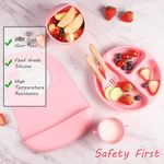 Jucarii, Copii si Bebe - Hrana si alaptare - Biberoane, suzete si accesorii hranire - Articole hranire bebelusi - Set hranire bebelusi si copii, Cafuneplus®, Pentru diversificare din silicon BPA free, Purpley, baveta, farfurie compartimentata, bol cu ventuza, tacamuri din silicon, Roz - Infinity.ro