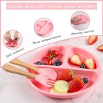 Jucarii, Copii si Bebe - Hrana si alaptare - Biberoane, suzete si accesorii hranire - Articole hranire bebelusi - Set hranire bebelusi si copii, Cafuneplus®, Pentru diversificare din silicon BPA free, Purpley, baveta, farfurie compartimentata, bol cu ventuza, tacamuri din silicon, Roz - Infinity.ro