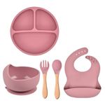Jucarii, Copii si Bebe - Hrana si alaptare - Biberoane, suzete si accesorii hranire - Articole hranire bebelusi - Set hranire bebelusi si copii Topaqua® Minnie Me, pentru diversificare din silicon BPA free, 6+ luni, farfurie, bol, bavetica, tacamuri, roz pal - Infinity.ro