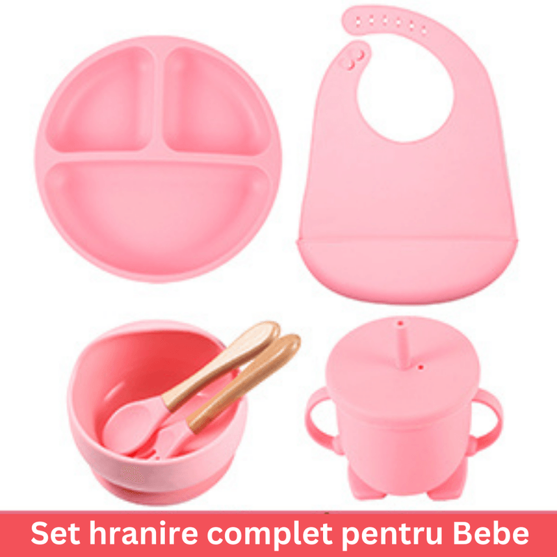 Jucarii, Copii si Bebe - Hrana si alaptare - Biberoane, suzete si accesorii hranire - Articole hranire bebelusi - Set hranire bebelusi, Danex, diversificare, silicon, BPA free, baveta, farfurie, bol cu ventuza, lingurita si furculita, cana gustari, roz - Infinity.ro