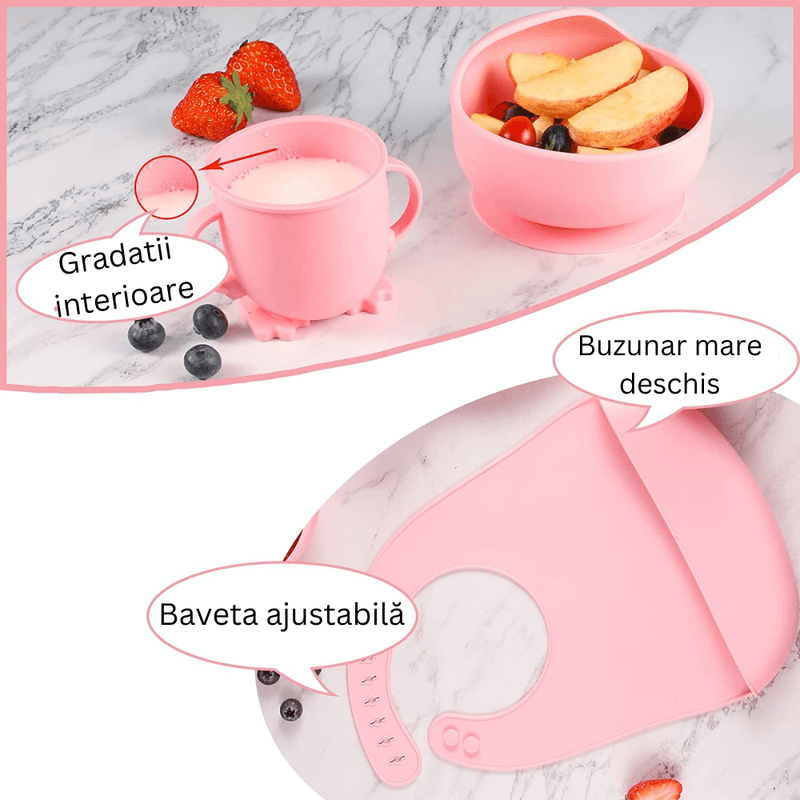 Jucarii, Copii si Bebe - Hrana si alaptare - Biberoane, suzete si accesorii hranire - Articole hranire bebelusi - Set hranire bebelusi, Danex, diversificare, silicon, BPA free, baveta, farfurie, bol cu ventuza, lingurita si furculita, cana gustari, roz - Infinity.ro