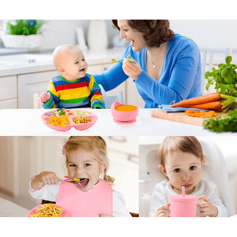 Jucarii, Copii si Bebe - Hrana si alaptare - Biberoane, suzete si accesorii hranire - Articole hranire bebelusi - Set hranire bebelusi, Danex, diversificare, silicon, BPA free, baveta, farfurie, bol cu ventuza, lingurita si furculita, cana gustari, roz - Infinity.ro