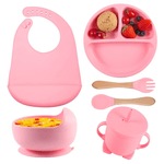 Jucarii, Copii si Bebe - Hrana si alaptare - Biberoane, suzete si accesorii hranire - Articole hranire bebelusi - Set hranire bebelusi, Danex, diversificare, silicon, BPA free, baveta, farfurie, bol cu ventuza, lingurita si furculita, cana gustari, roz - Infinity.ro