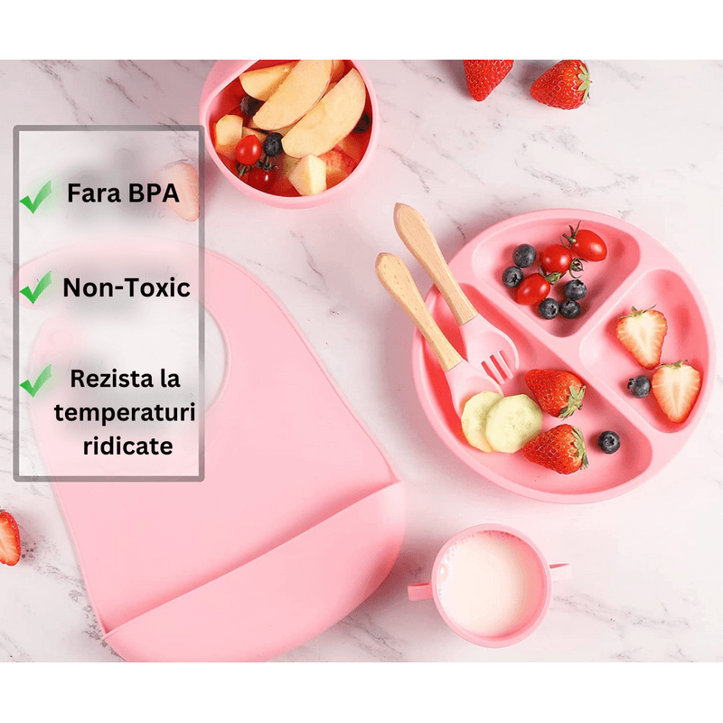 Jucarii, Copii si Bebe - Hrana si alaptare - Biberoane, suzete si accesorii hranire - Articole hranire bebelusi - Set hranire bebelusi, Danex, diversificare, silicon, BPA free, baveta, farfurie, bol cu ventuza, lingurita si furculita, cana gustari, roz - Infinity.ro
