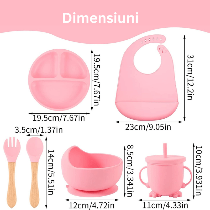 Jucarii, Copii si Bebe - Hrana si alaptare - Biberoane, suzete si accesorii hranire - Articole hranire bebelusi - Set hranire bebelusi, Danex, diversificare, silicon, BPA free, baveta, farfurie, bol cu ventuza, lingurita si furculita, cana gustari, roz - Infinity.ro